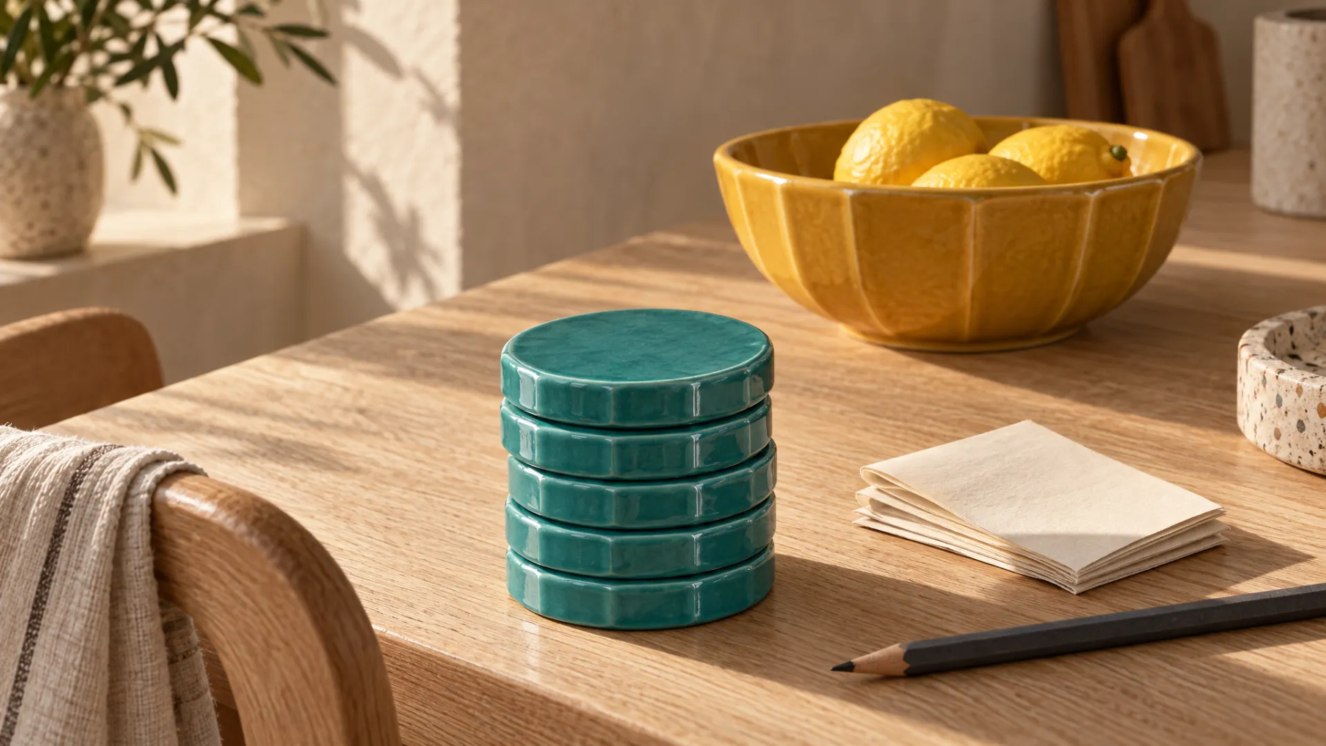Una pila di monete smaltate verde acqua sul tavolo di legno, accanto a qualche scontrino, una matita e una ciotola gialla piena di limoni