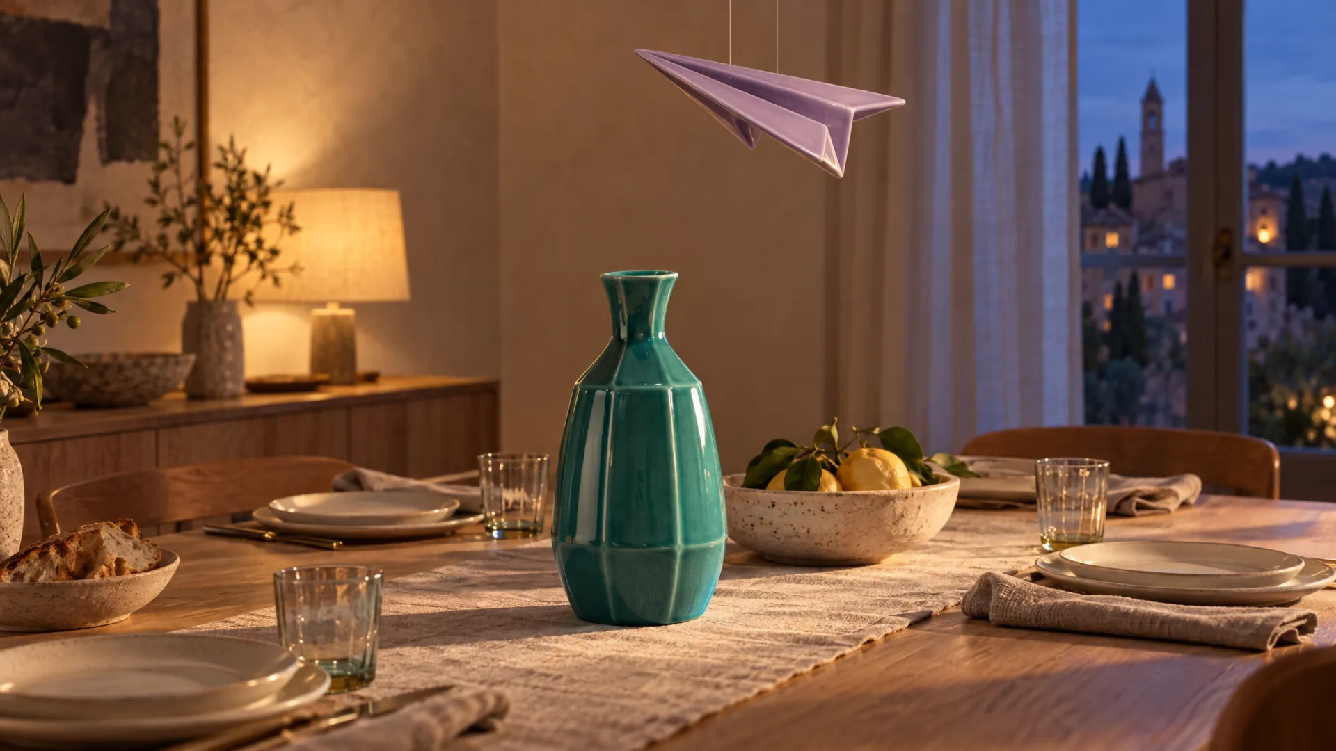 Un aeroplanino di carta lilla sospeso sopra una tavola apparecchiata la sera, con una caraffa verde acqua al centro