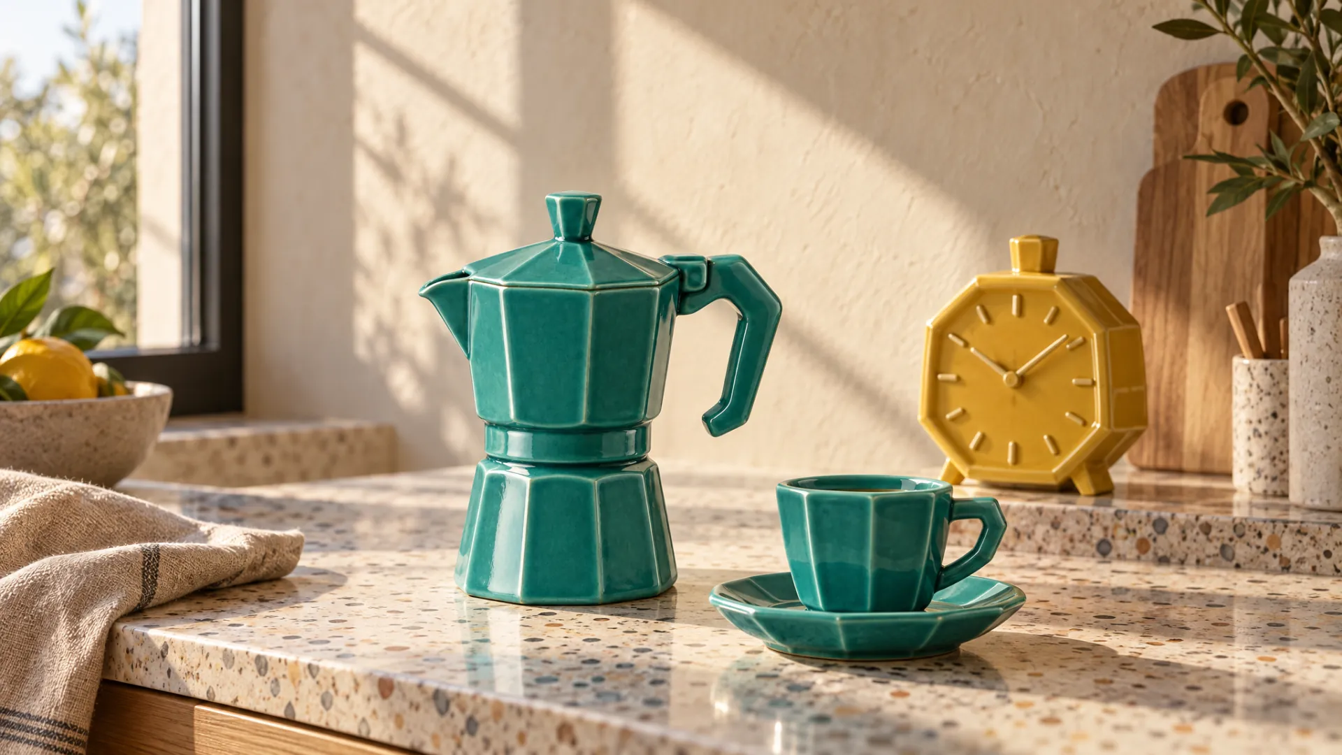 Una moka e una tazzina smaltate verde acqua accanto a un orologio giallo da tavolo, su un piano in graniglia nella luce del mattino