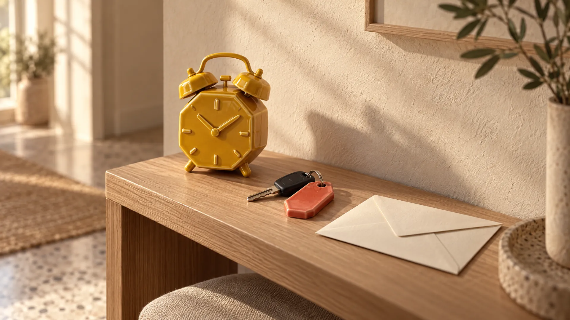 Una sveglia smaltata gialla su una consolle di legno, con le chiavi dell’auto e una busta chiusa